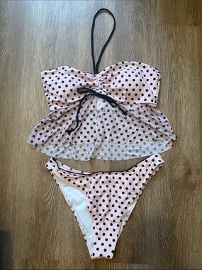 Pink Polka Dot Ruffle Peplum Tankini Bikini Set Halter High Cut Size M/L (8-10)
